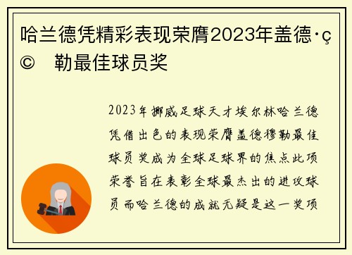 哈兰德凭精彩表现荣膺2023年盖德·穆勒最佳球员奖 哈兰德凭精彩表现荣膺2023年盖德·穆勒最佳球员奖